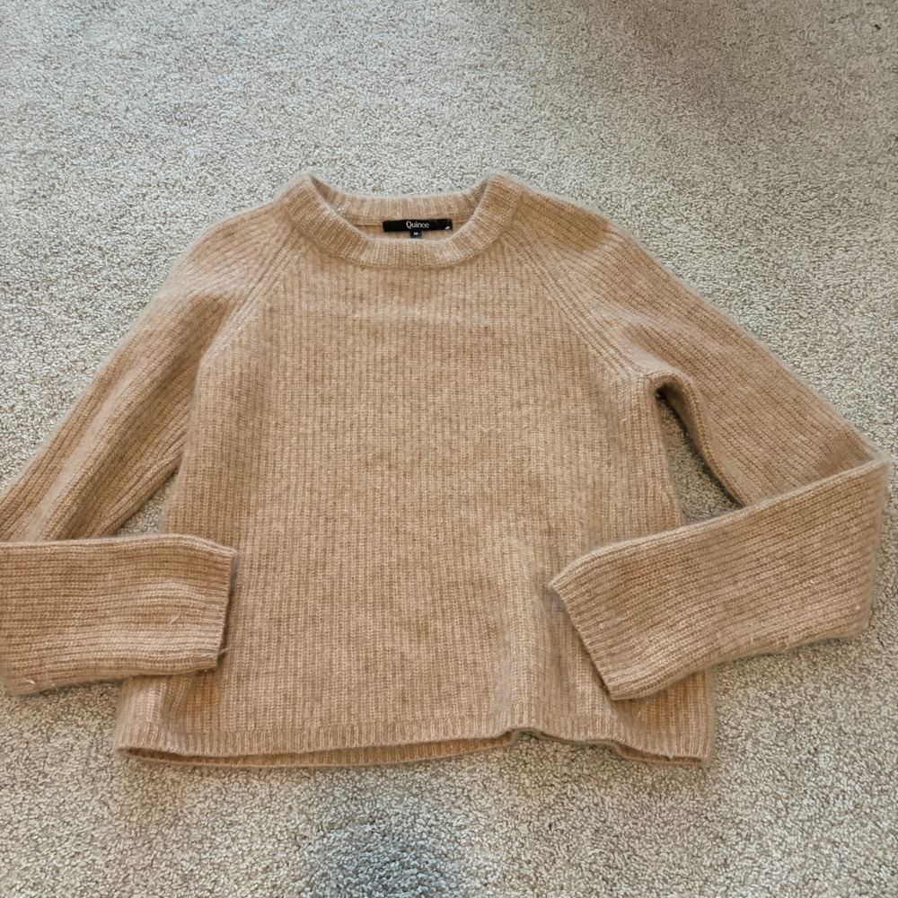 Quince Mongolian Cashmere Fisherman Sweater Womens M Tan Crewneck Quiet Luxury